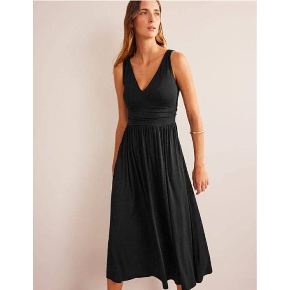 New Boden Sleeveless Jersey Maxi Dress Womens 12R Black V Neck Pockets Fit Flare